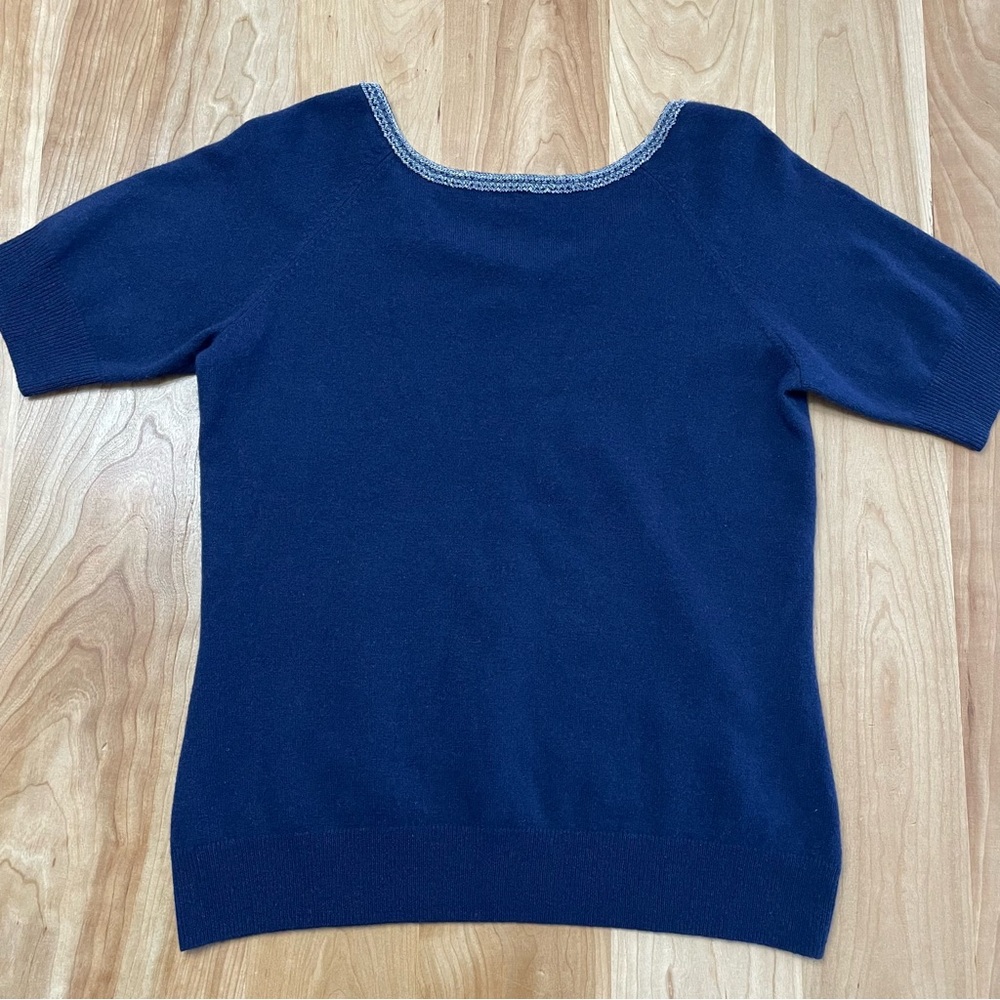 Lilly Pulitzer Beaded Collar Cashmere Mix Short Sleeve Sweater Navy Sz L